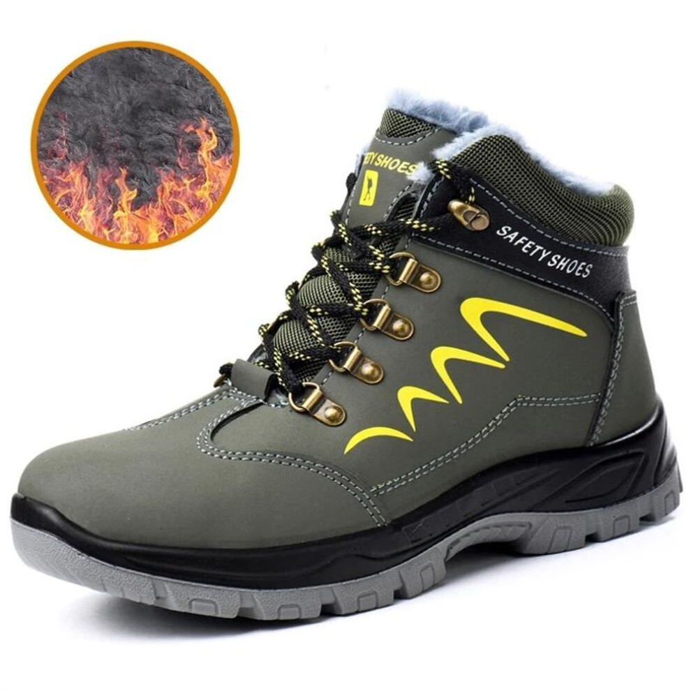 (green, 47) Men&apos;s Plush Safety Boots Steel Toe Warm Work Shoes Waterproof Anti-puncture Anti-smash Work Boots  Men Sneakers
