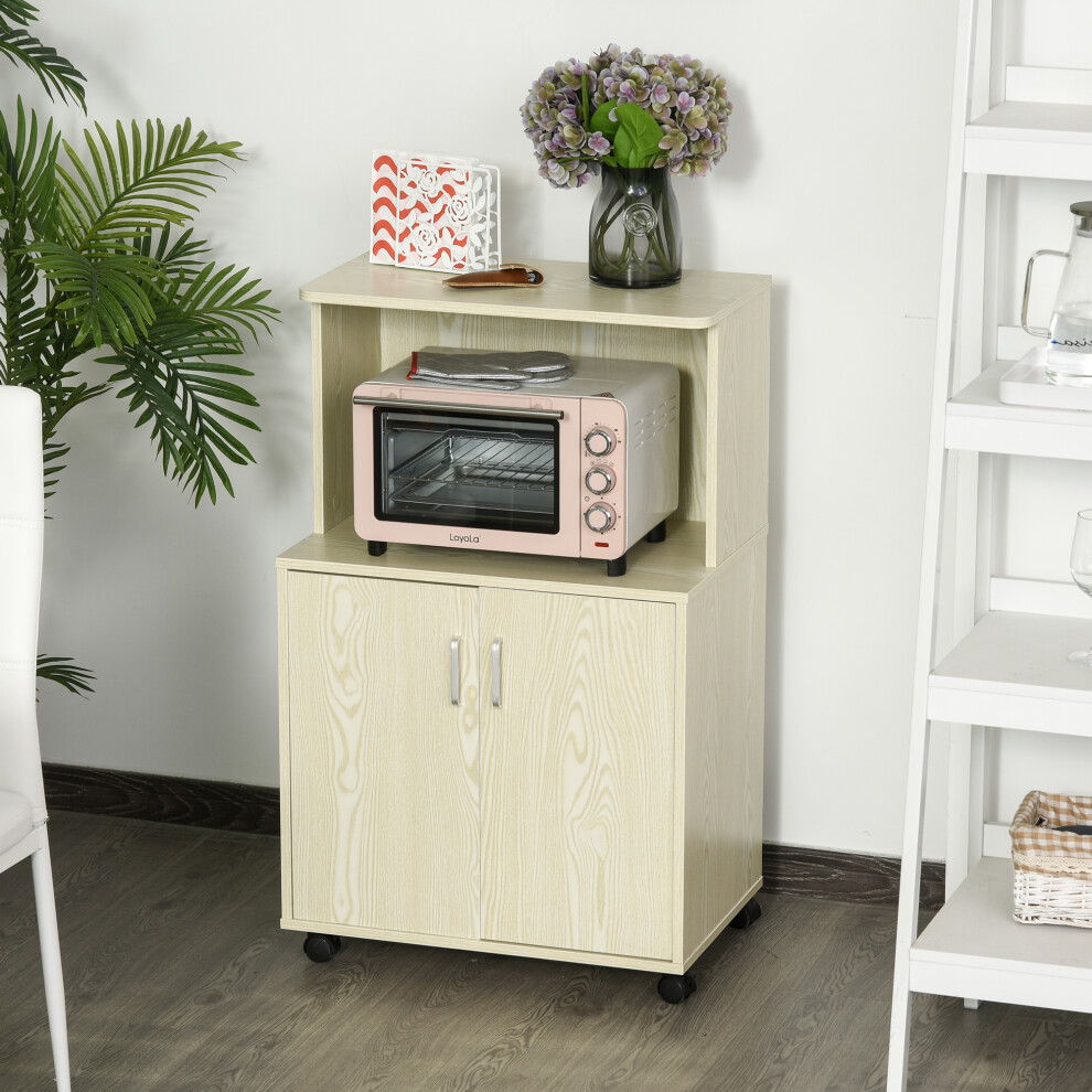 HOMCOM Kitchen Storage Unit Microwave Cart Trolley w/ Cabinet Wheels Shelf Oak