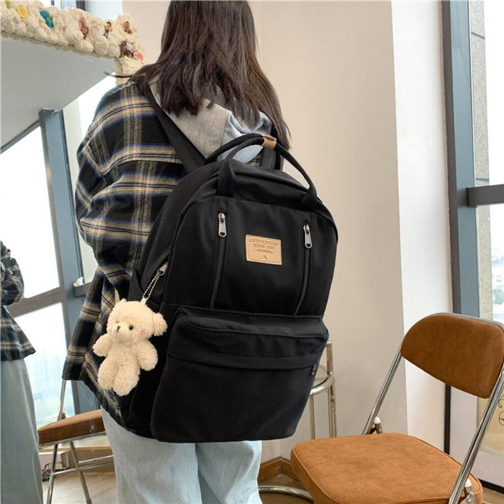 (black, No pendant) Multifunction Double Zipper Women Backpack Teenager Girls Laptop Backpack Student Shoulder Bag Korean Style Schoolbag
