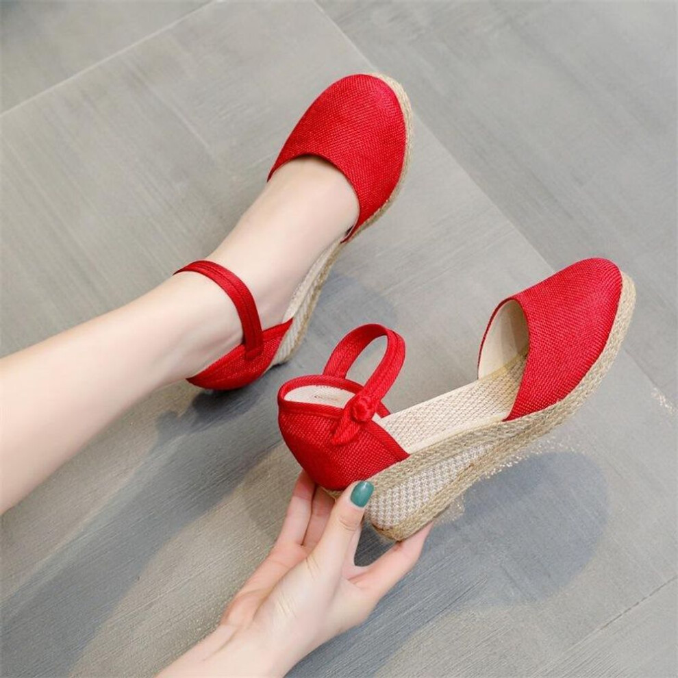 (red, 34) Women&apos;s Summer Fashion Casual Wedge Heel Peep Toe Sandals Platform Sandals Strap Espadrilles