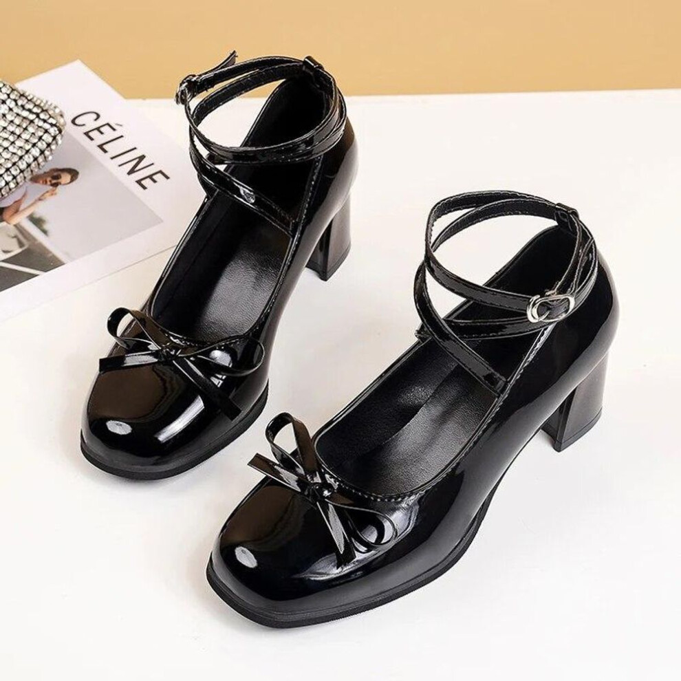 (black, 40) Black Retro Cross-Tie Pumps Casual  Summer Marry Janes Round Toe Shoes Ladies Lolita Sweet Fashion Shoes Woman Bow