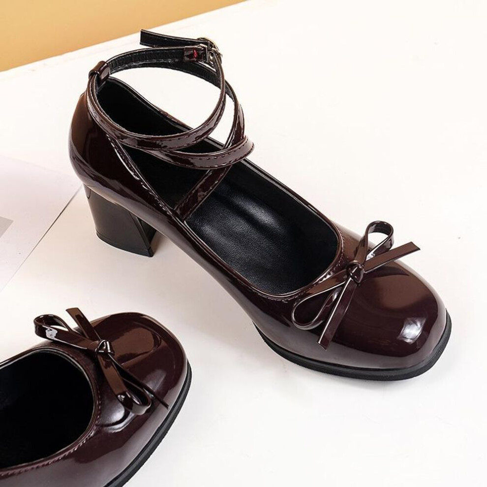 (wine red, 39) Black Retro Cross-Tie Pumps Casual  Summer Marry Janes Round Toe Shoes Ladies Lolita Sweet Fashion Shoes Woman Bow