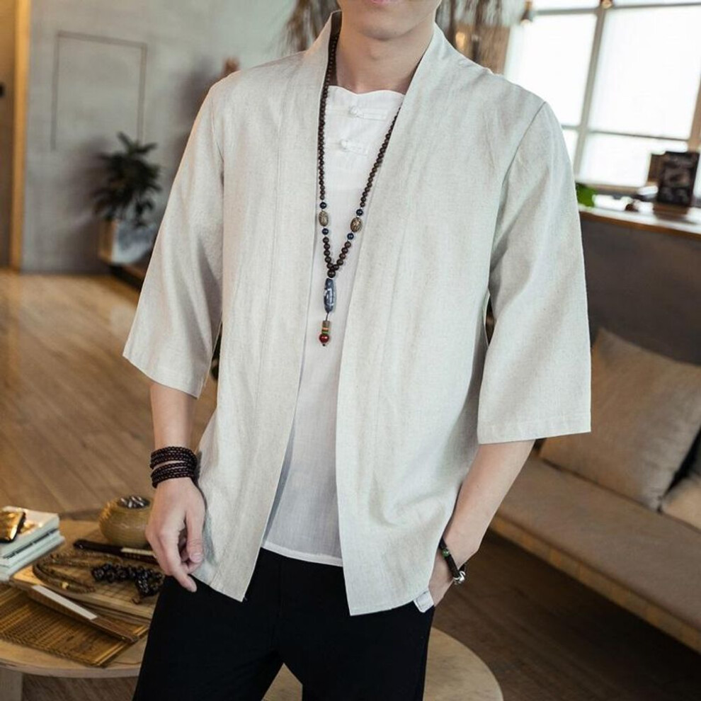 (beige, XXXXXL) Japanese Men Cardigan Kimono Traditional Japanese Samurai Clothing Streetwear Yukata Male Shirt