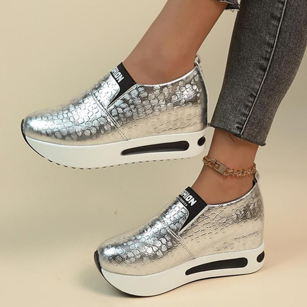 (silver, 37) Silver Pu Leather Platform Sneakers Women Casual Non-slip Thick Sole Sports Shoes Woman Plus Size Slip-on Loafers