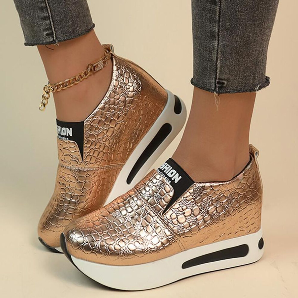 (gold, 39) Silver Pu Leather Platform Sneakers Women Casual Non-slip Thick Sole Sports Shoes Woman Plus Size Slip-on Loafers