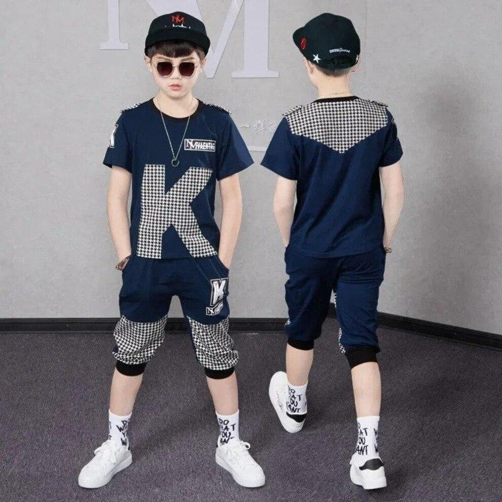 (blue, 120) Summer Baby Boys Clothes Sets Short Sleeve T-shirt Pants Outfits   Children Clothing Suit Fashion Patchwork Kids Costume
