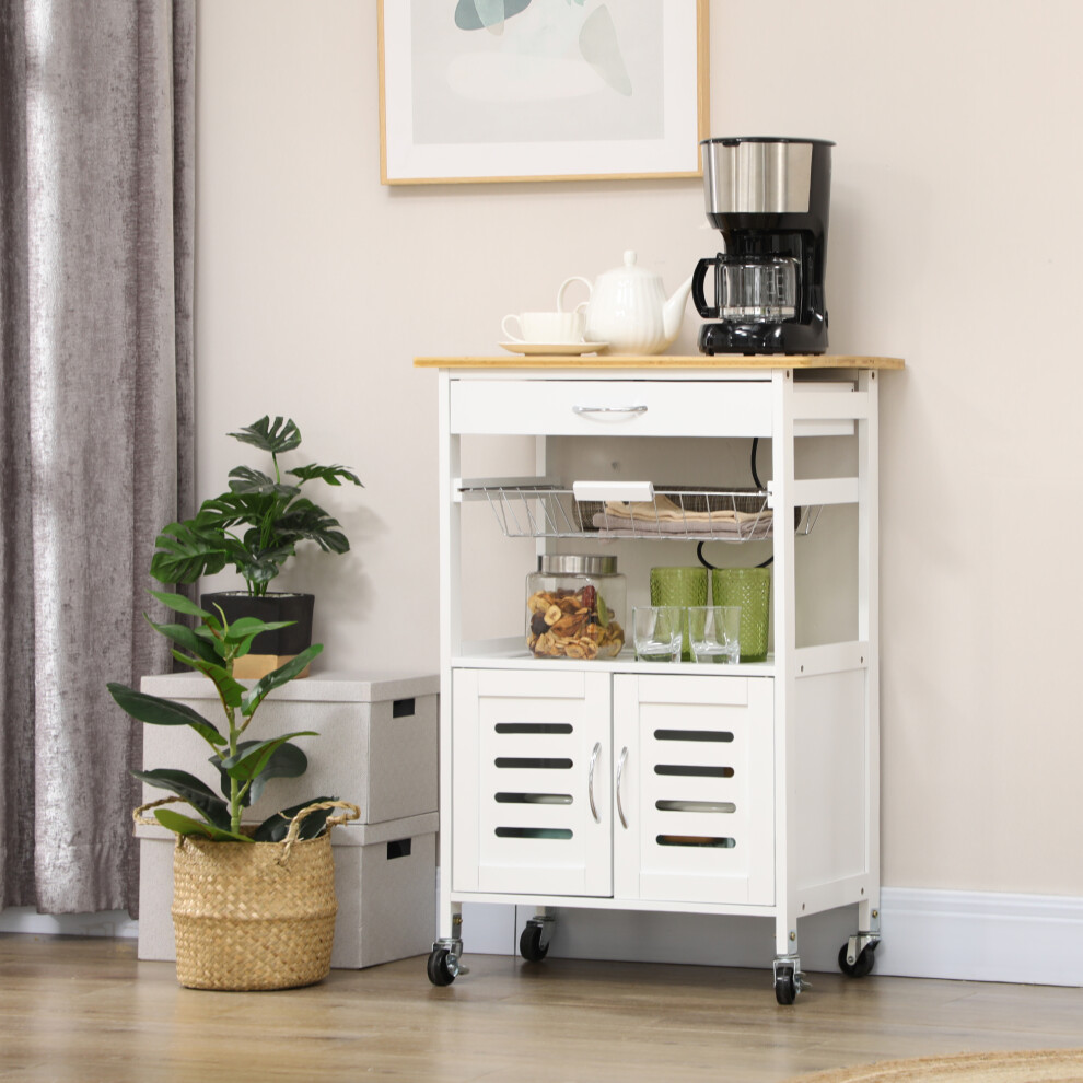HOMCOM Rolling Kitchen Island Trolley Utility Cart on Wheels with Bamboo Top