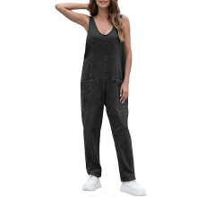 (XS, Black) High Roller Denim Jumpsuit For Women Casual Sleeveless overalls scoop neckline Jumpers
