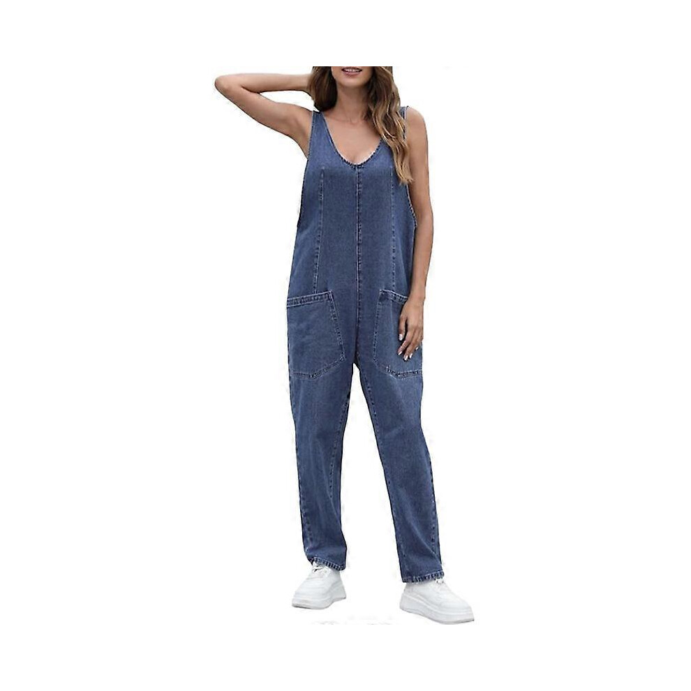 (M, Dark Blue) High Roller Denim Jumpsuit For Women Casual Sleeveless overalls scoop neckline Jumpers-image-OPC-PG2YMFC-NEW