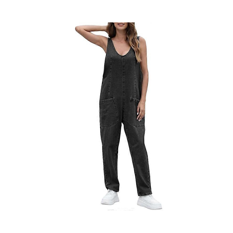 (2XL, Black) High Roller Denim Jumpsuit For Women Casual Sleeveless overalls scoop neckline Jumpers-image-OPC-PG2YMFN-NEW