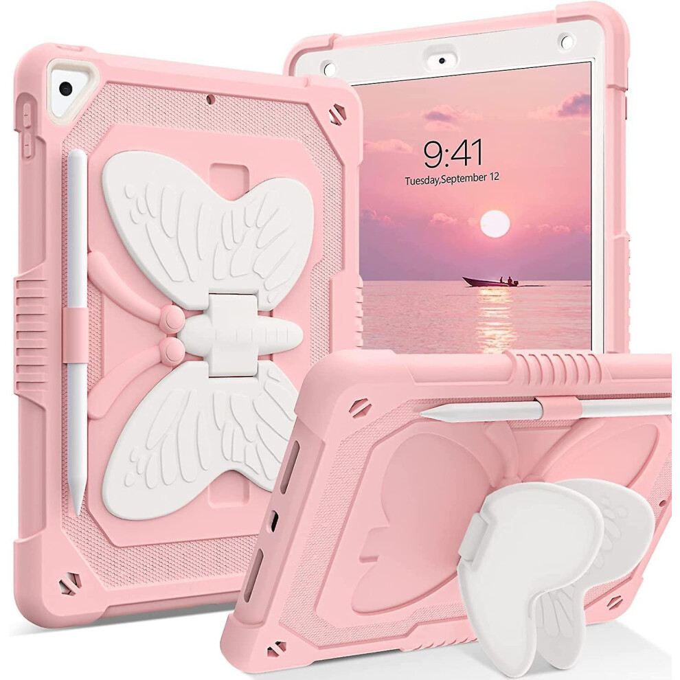 (Pink) Ipad 10.2 Case With Kickstand Butterfly Wings Pencil Holder Pink 5778930777303