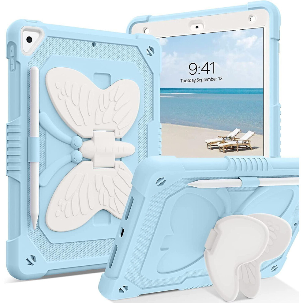 (Blue) Ipad 10.2 Case With Kickstand Butterfly Wings Pencil Holder Blue 5778930777273