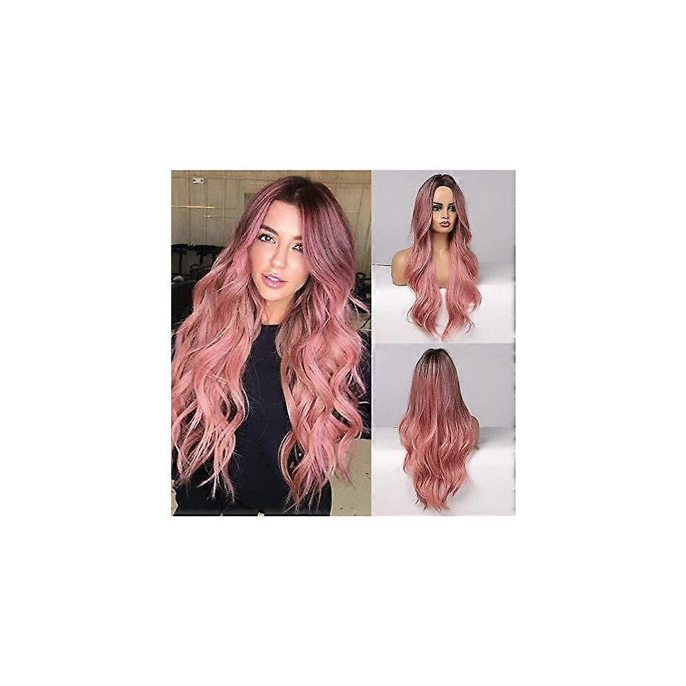 Pink Wigs for Women, Long Wavy Pink Ombre Wig