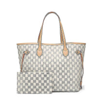 (White) Women Checkered Tote Shoulder Bag Purse Pu Leather Handbag Bag With Inner Pouch