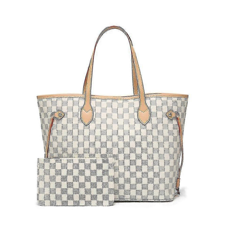 (White) Women Checkered Tote Shoulder Bag Purse Pu Leather Handbag Bag With Inner Pouch