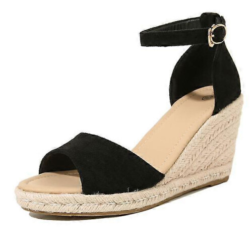 (38, Black) Women's Elastic Ankle Strap Espadrilles Wedge Sandals