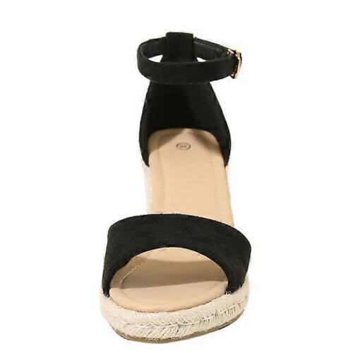 (38, Black) Women's Elastic Ankle Strap Espadrilles Wedge Sandals 2