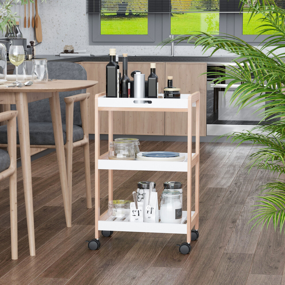 HOMCOM Mobile Serving Trolley Kitchen Cart Pine Wood Rolling Wheels White