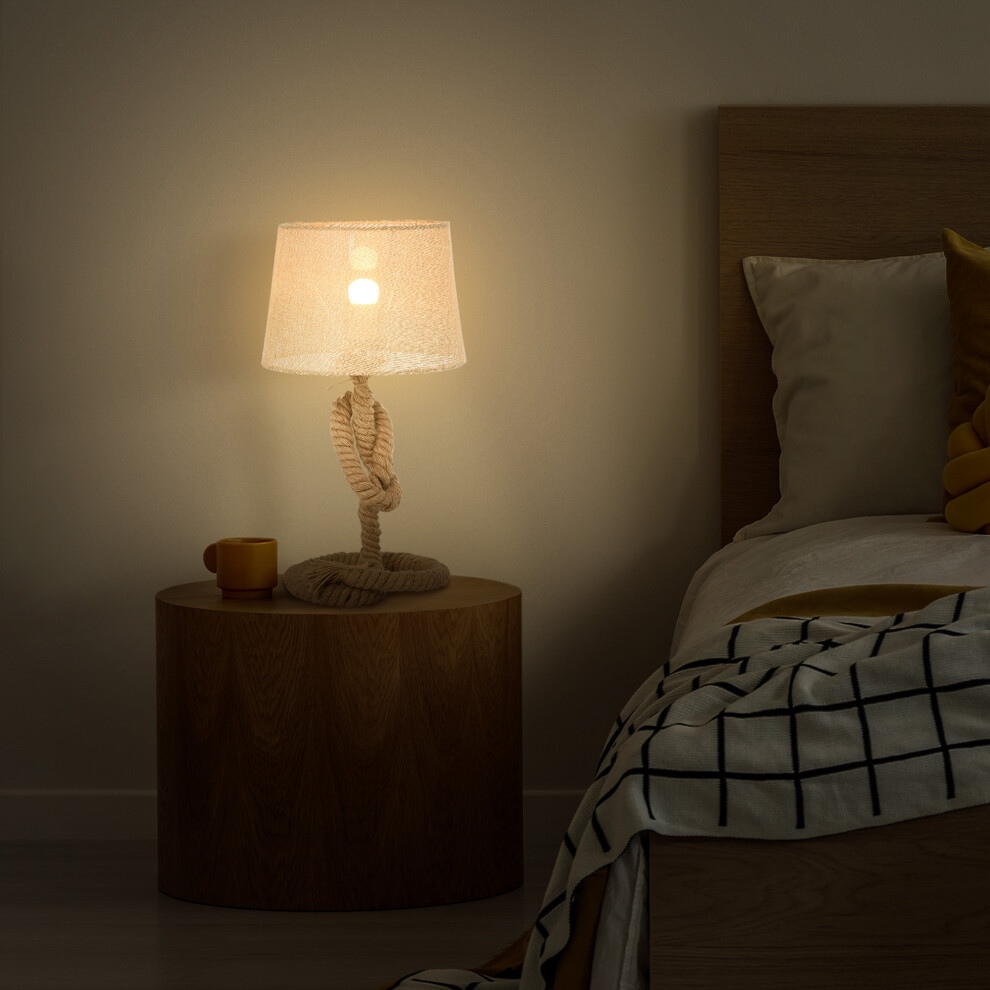 HOMCOM Nautical Style Rope-Base Table Lamp w/ Fabric Lampshade Metal Frame Beige