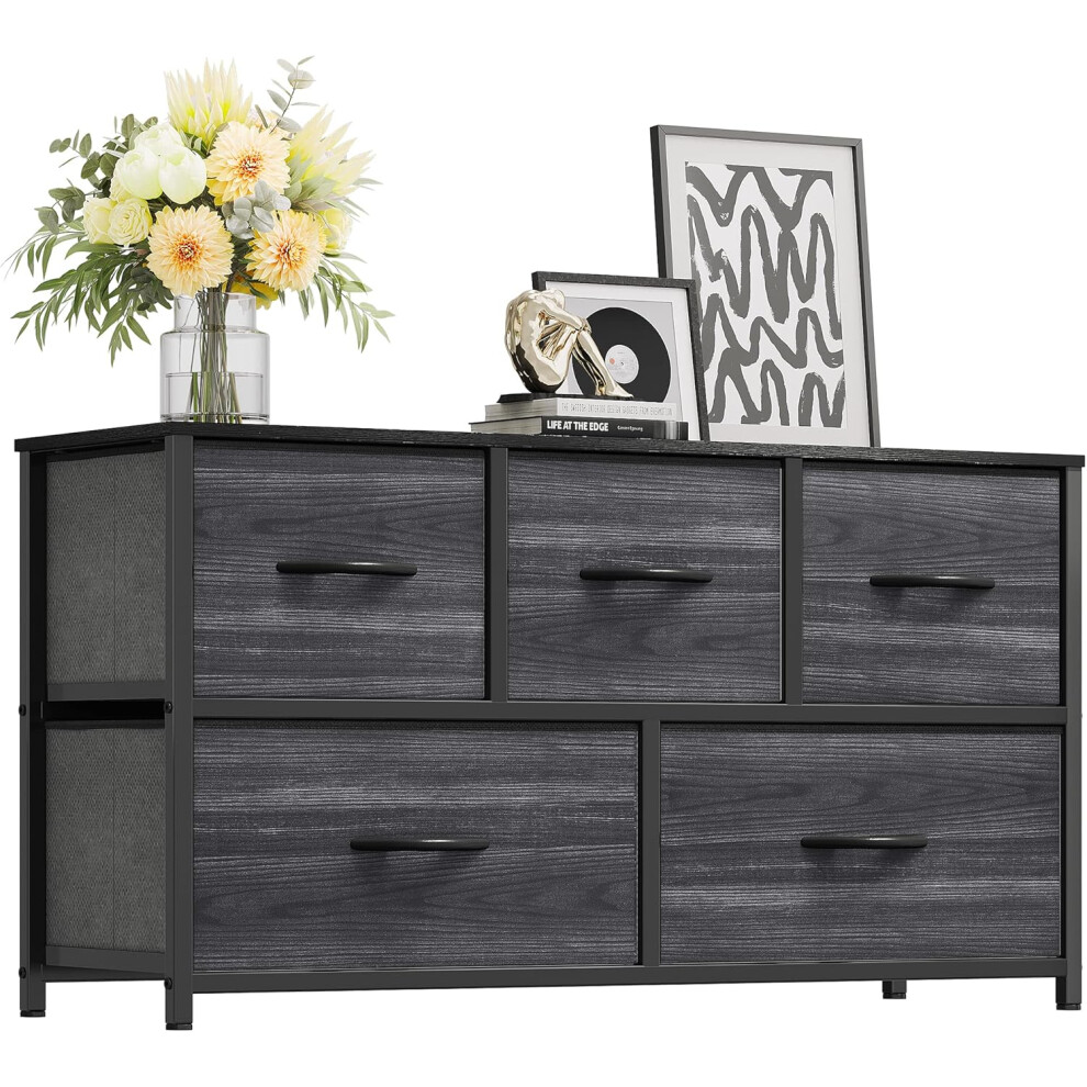 (Black Wood Grain) Drawer bed bedroom with 5 drawer storage unit steel frame wooden