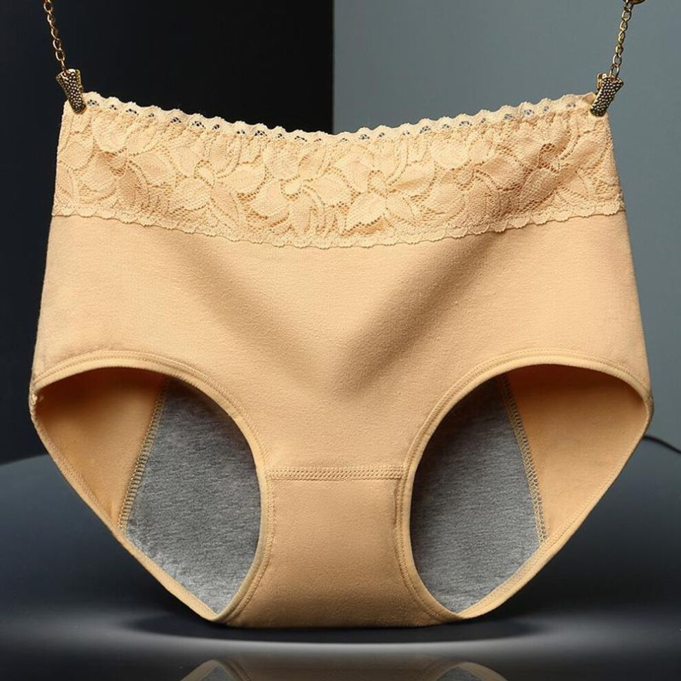 (beige, L) Women&apos;s Plus Size Physiological Pants Mid Waist Antibacterial Leakproof Physiological Panties Embroidered Boxer Pants