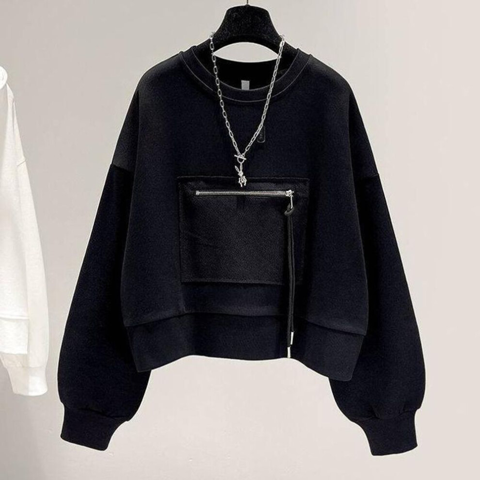 (black, XL) Short Round Neck Sweatshirt Women Loose Zipper Pocket Pullover Long Sleeve Top