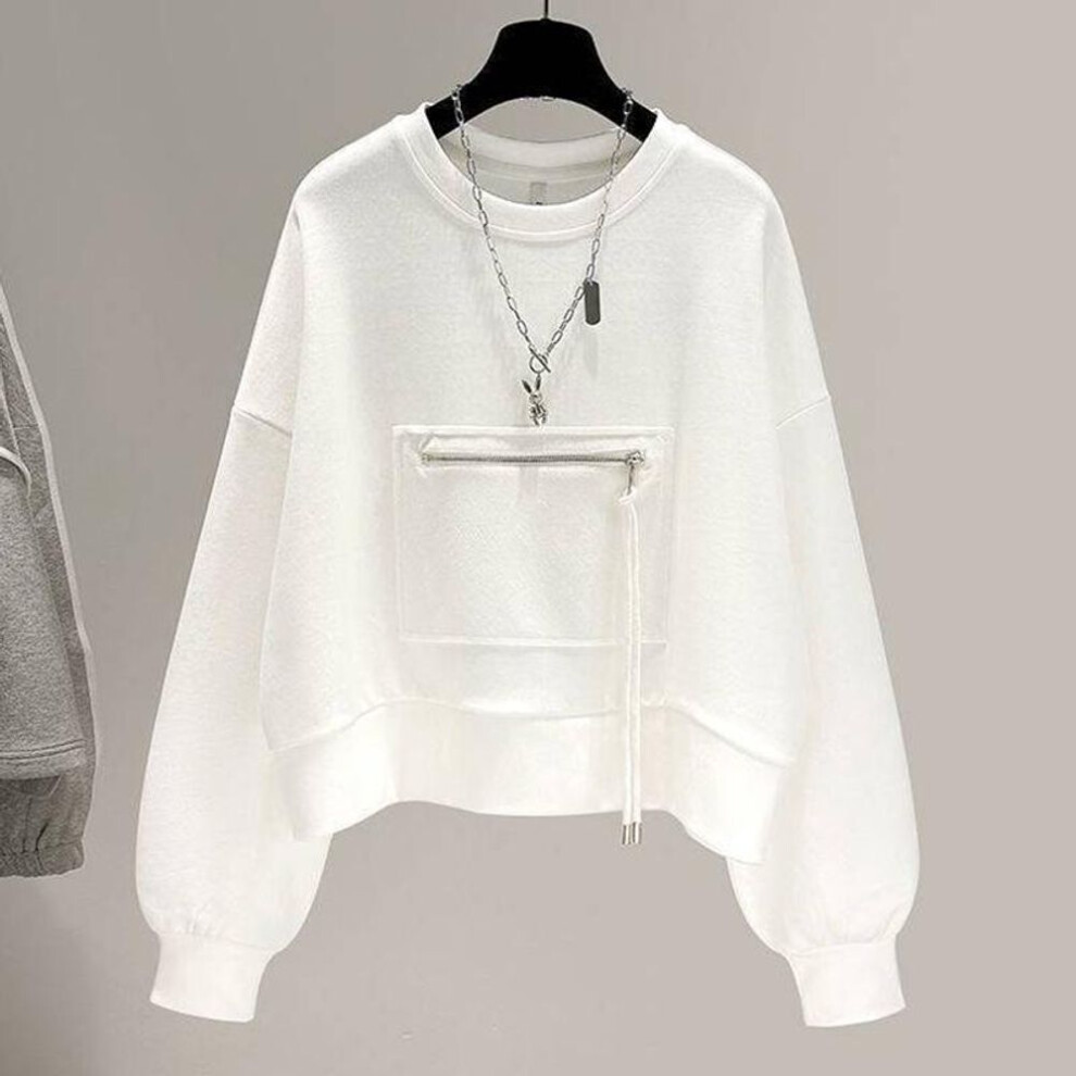 (white, S) Short Round Neck Sweatshirt Women Loose Zipper Pocket Pullover Long Sleeve Top