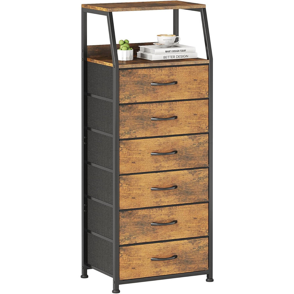 (6 Drawers, Rustic Brown) Chest of Drawers Bedroom with 6 Drawers, Tall Fabric Dresser with Shelf, Fabric Dresser for Entryway Hallway Living Room, Closet Storage Drawer