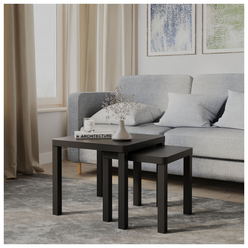 (Black ) Set of 2 Square Wooden Nesting Stacking Coffee Side Tables Living Room Furniture