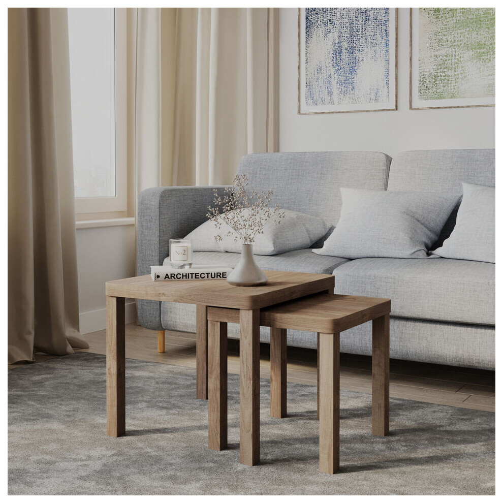 (Oak) Set of 2 Square Wooden Nesting Stacking Coffee Side Tables Living Room Furniture