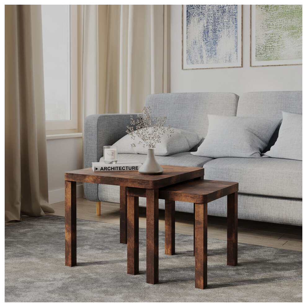 (Rustic Brown) Set of 2 Square Wooden Nesting Stacking Coffee Side Tables Living Room Furniture