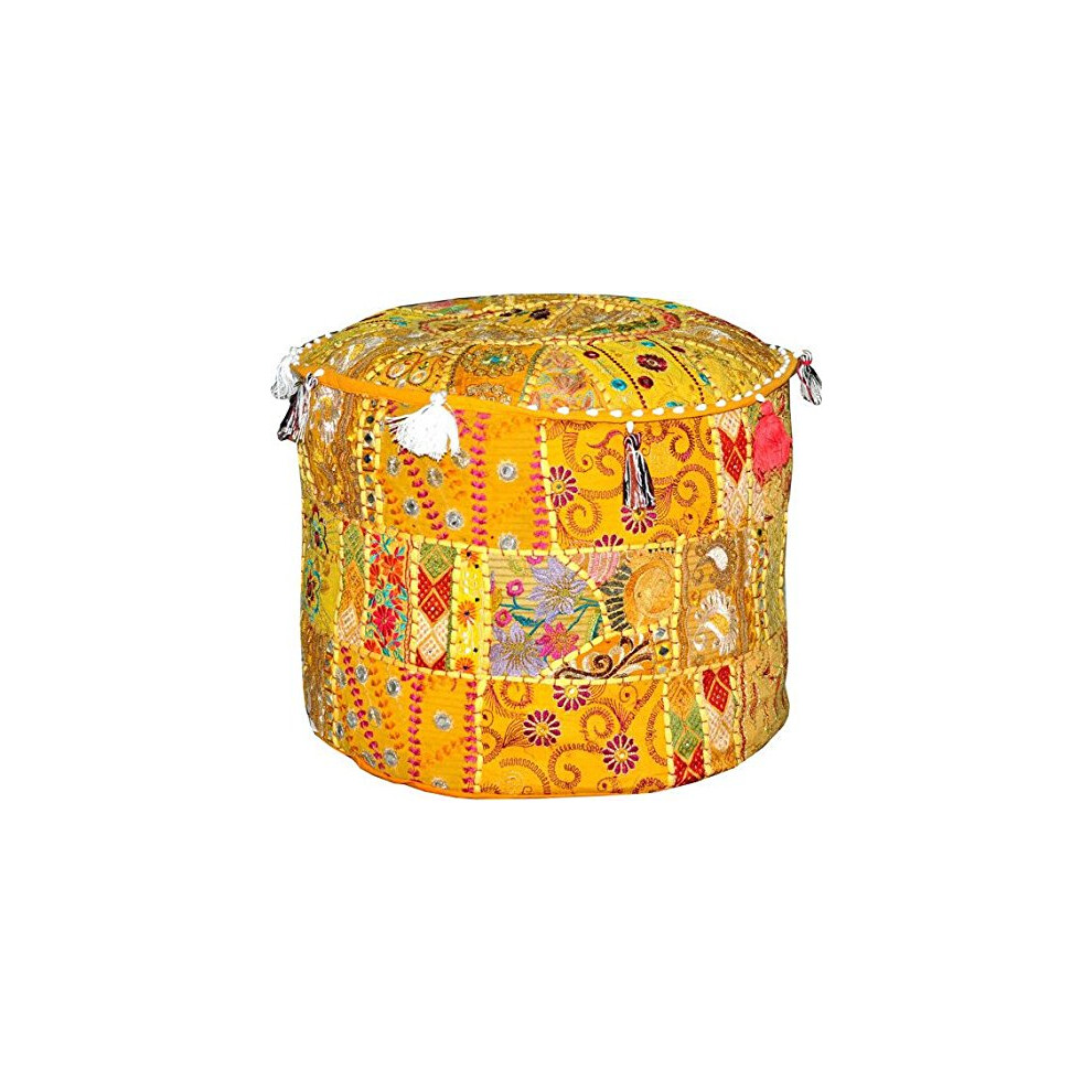 et ethnique Broidered Pouf Cover Indian Cotton Round Pouffe Ottoman Pouf Cover Oreiller ethnique DCOR ART - Couverture uniquement (jaune 22x14)