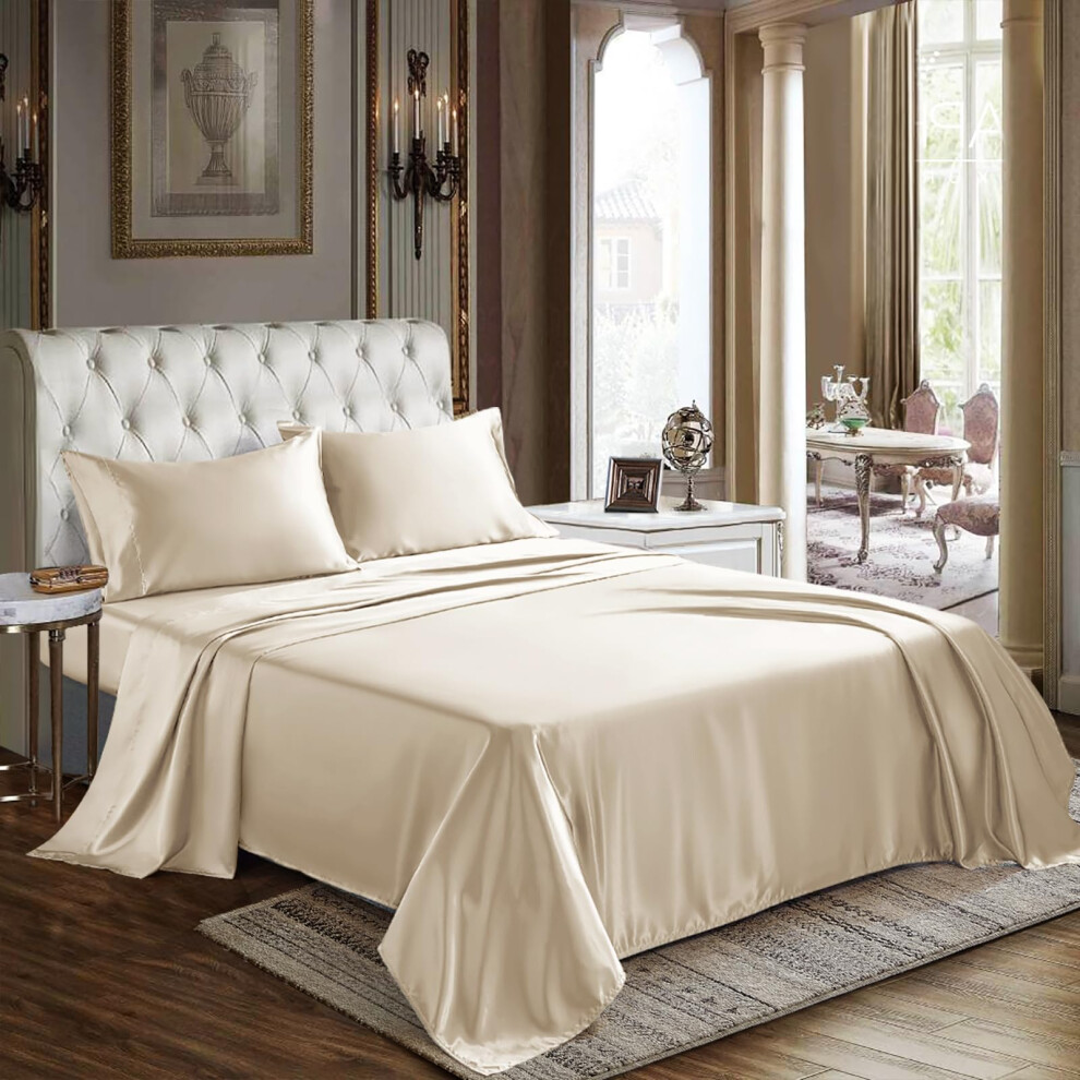 Draps en satin CozyLux King Size - Parure de lit 4 pi   ces couleur champagne avec microfibre soyeuse, 1 drap-housse     poche profonde, 1 drap plat