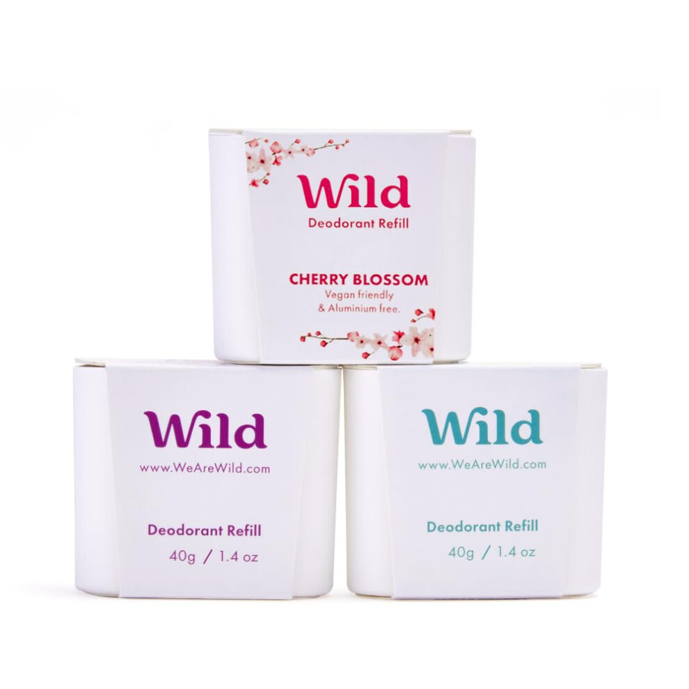 Wild - Natural Refillable Deodorant Variety Pack - Aluminum Free - Scents Include Fresh Cotton & Sea Salt  Cherry Blossom and Coconut & Vanilla - Long
