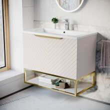 Nes Home 800mm Wall Hung Pink Drawers Basin Vanity Brushed Brass Frame & Handle