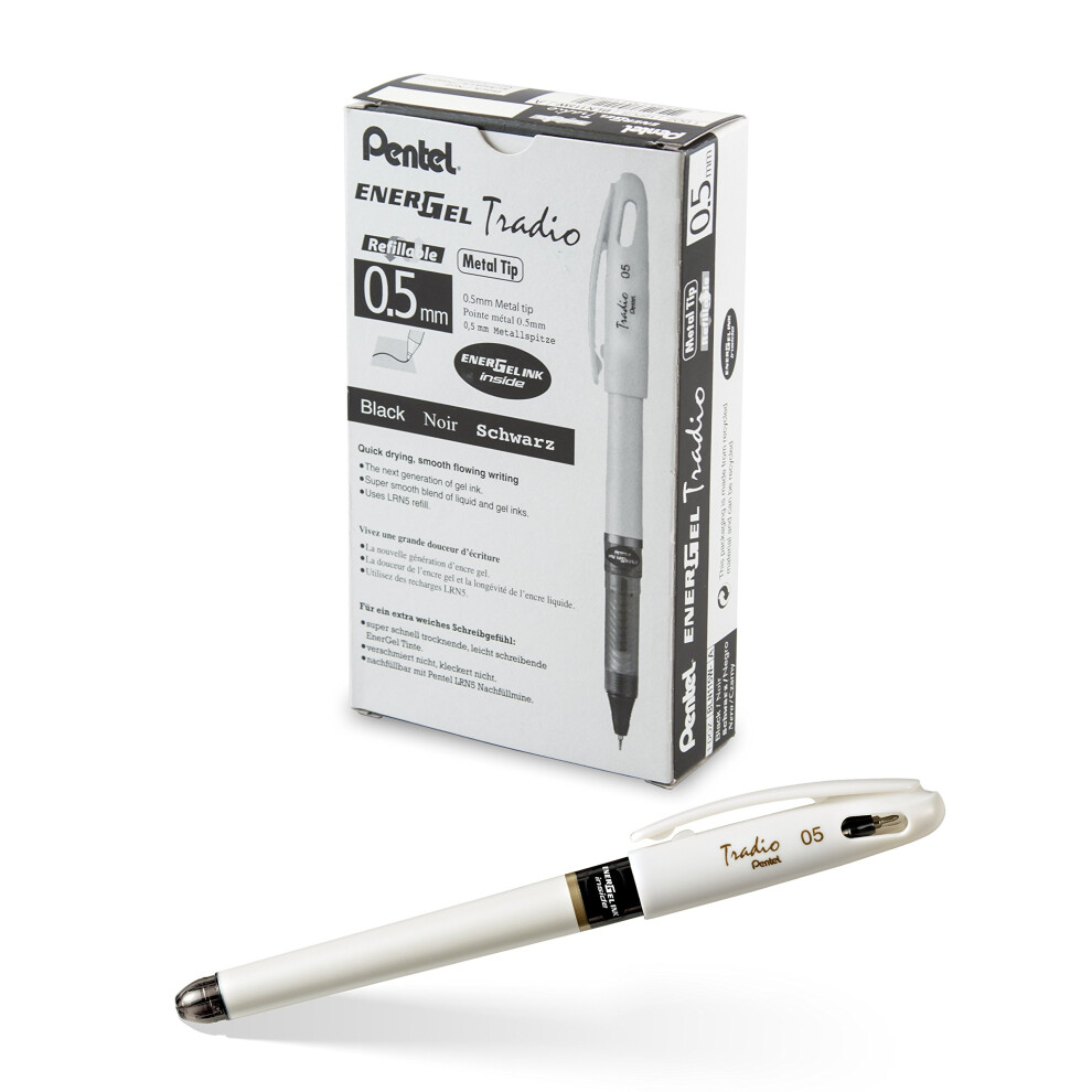 Pentel EnerGel Tradio Pearl Gel Ink Pen  (0.5mm)  Fine Point Capped  Needle Tip  Black Ink  Box of 12 (BLN115W-A)