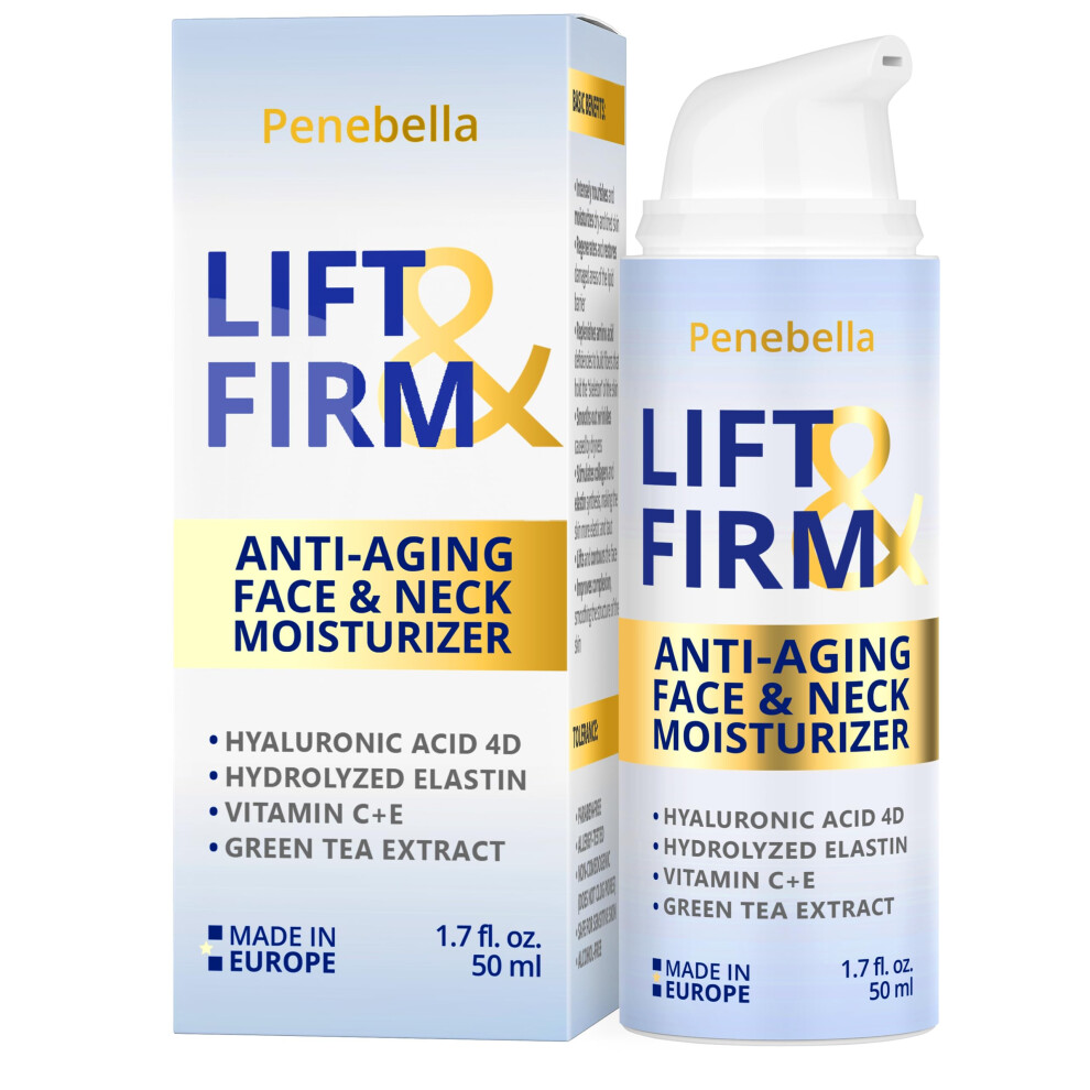 Penebella New Lift & Firm Anti Aging Face & Neck Cream - Made In Europe - Firming & Lifting Anti Wrinkle Moisturizer With Hyaluronic Acid Elastin Vi