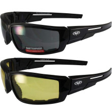 2 par Global Vision Sly polstrede motorcykelsolbriller i blank sort stel 1 Smoke-linse og 1 gul linse