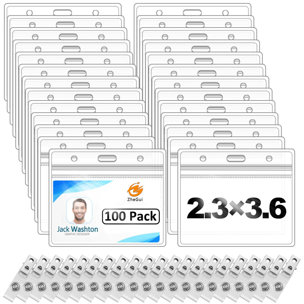 Lot de 100 porte-badges horizontaux avec clip, porte-badges universels en PVC transparent et étanche avec fermeture éclair scellée (2,3 à 3,6 pou