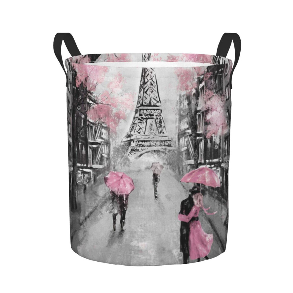 Panier à linge rond Dujiea Tour Eiffel, amoureux roses à Paris, avec poignée, pliable, en toile, pour vêtements sales, pour le linge, les jouets,