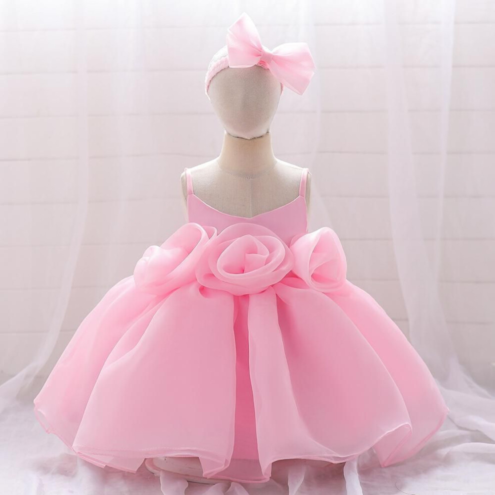 (pink, 80) Toddler Girls 1st Birthday Dress With Heandband Bow Cute Baby Baptism Gown Kids Wedding Party Elegant Princess Vestidos Christmas Costume Dress