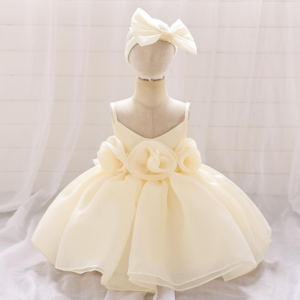 (champagne, 90) Toddler Girls 1st Birthday Dress With Heandband Bow Cute Baby Baptism Gown Kids Wedding Party Elegant Princess Vestidos Christmas Costume Dress