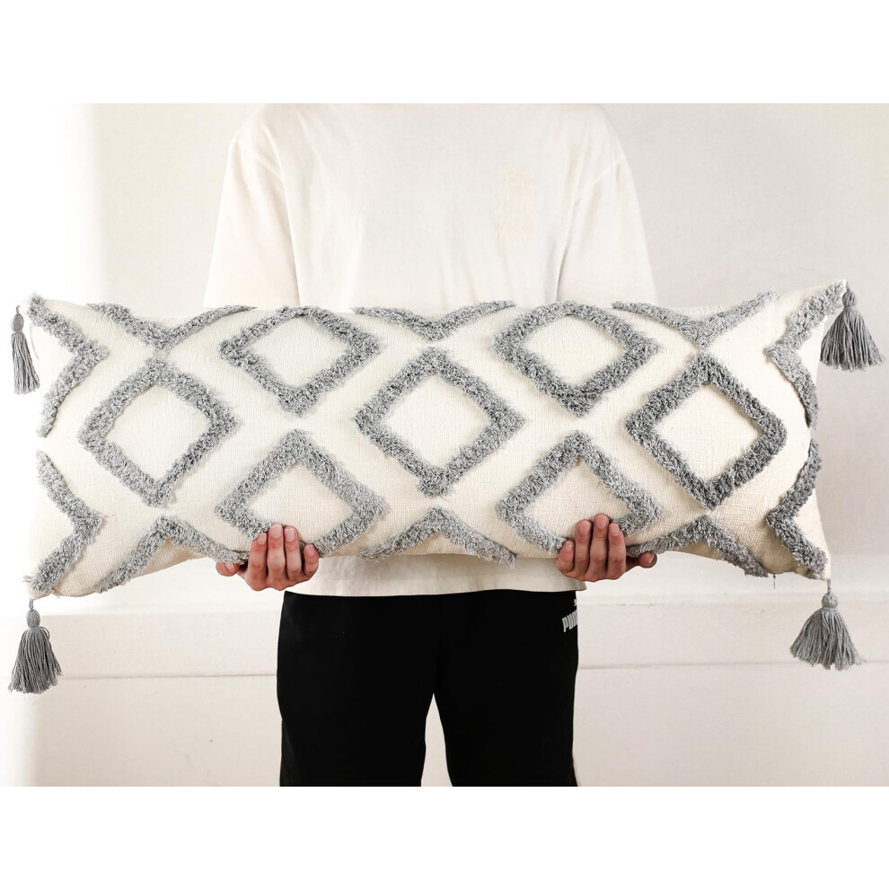 Housse de coussin lombaire décorative PANOD 40 x 91 cm, style bohème, en chenille ultra douce, extra longue, avec pompon, pour lit, canapé, salon