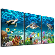 AHUASJART Leinwand-Wandkunst fr Wohnzimmer, Familie, Wanddekoration fr Schlafzimmer, Badezimmer, Wanddekoration, blaue Ozean-Meeresschildkrten-Gem
