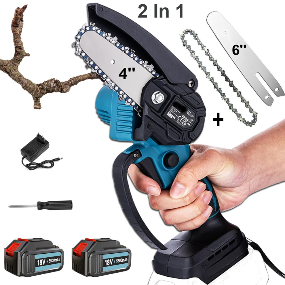4" Cordless Chainsaw with/ 6'' guide bar +chain,2 Battery 5.5A+Charger