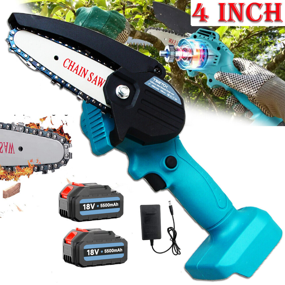 4'' Cordless Mini Chainsaw + 5.5A 2x Battery+Charger-Makita Compatible