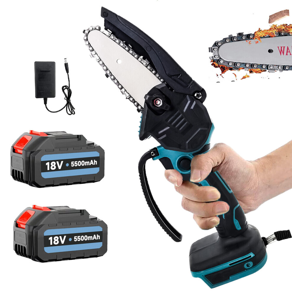 4 Inch Mini Cordless Chainsaw Handheld Electric Chainsaw Wood Cutter+5.5A 2Battery+Charger-Makita Compatible
