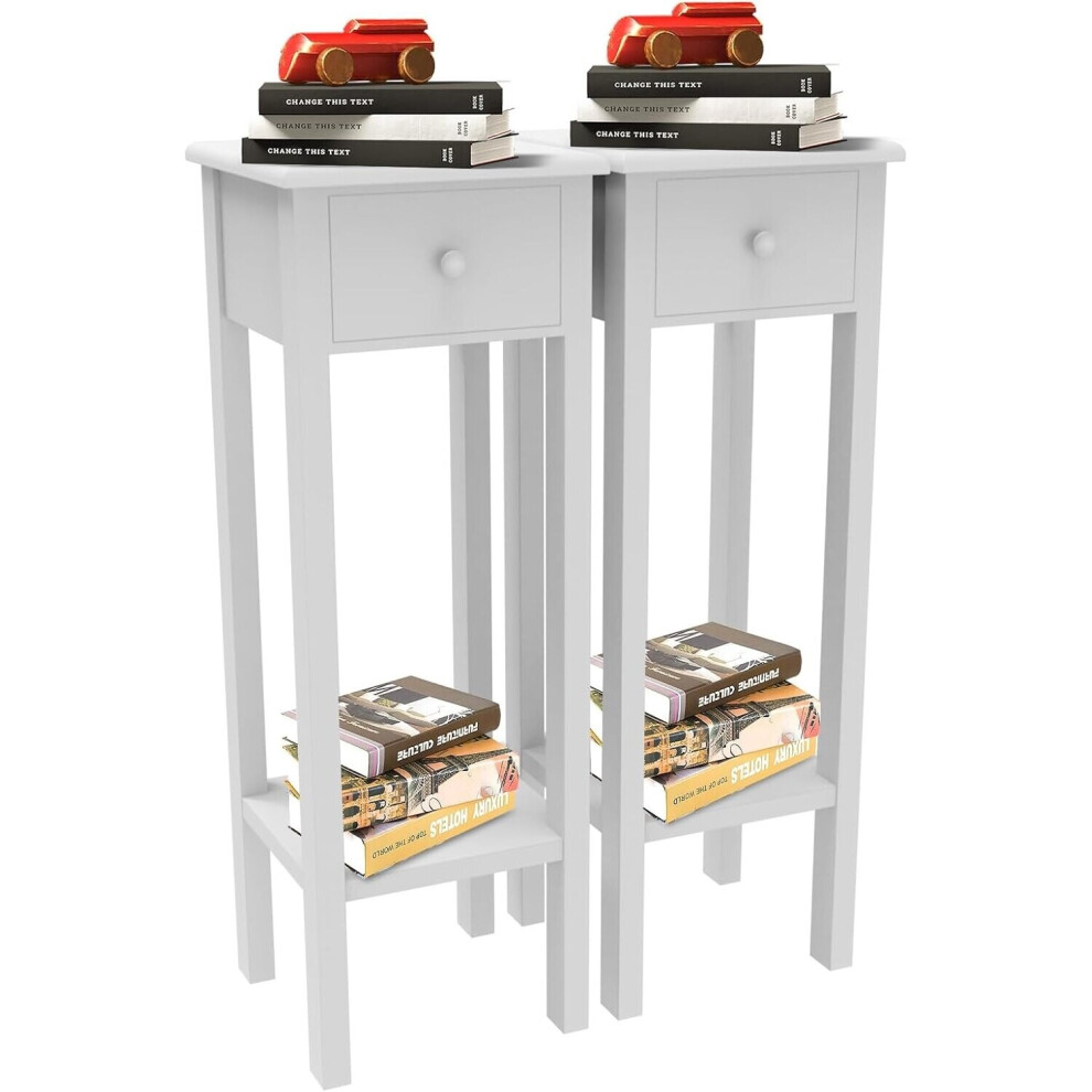 Bedside Tables Set of 2 Narrow Wooden Nightstand with Drawer & Shelf