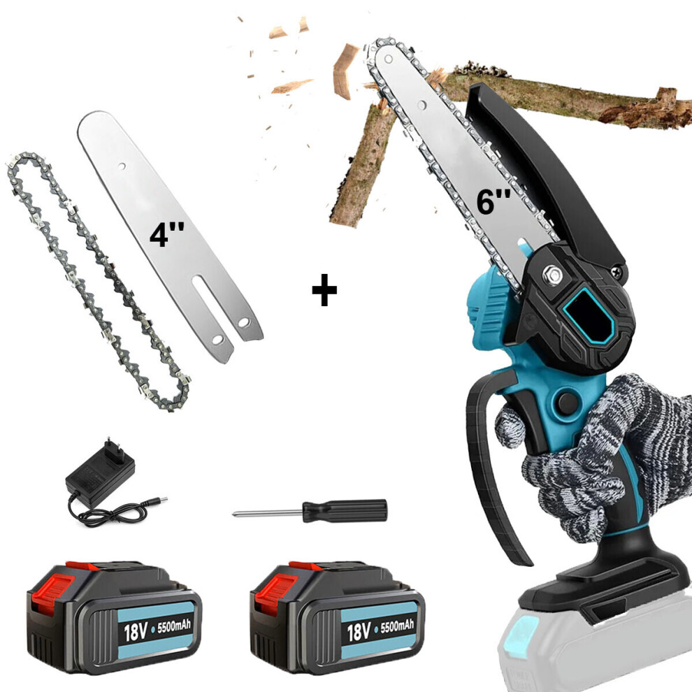 Cordless chainsaws,2 Batteries 5.5A 6/4 Inch 2 In 1  Electric One-Hand Saw Wood Cutter，w/ 4"&6"Chains-Makita Compatible