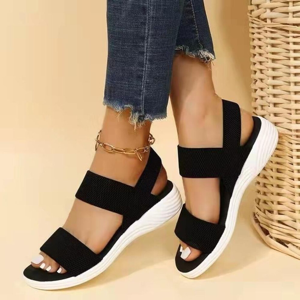 (black, 42) Summer Oversized Foreign Trade Women&apos;s Shoes Casual Elastic Strap Back Trip Strap Flyknit Polyurethane Flat Bottom Sandals for Women